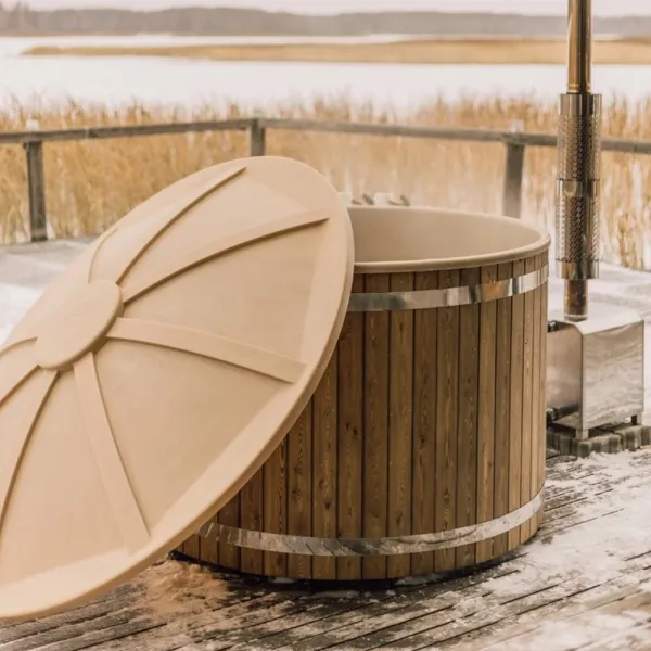 купель шишка с пластиковой вставкой 2000мм (бежевая чаша/темный фасад) в комплекте печь